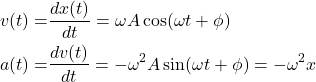 Rendered by QuickLaTeX.com \begin{equation*} \begin{aligned} v(t)=&\dfrac{d x(t)}{d t}=\omega A \cos(\omega t+\phi)\\ a(t)=&\dfrac{d v(t)}{d t}=-\omega^2 A \sin(\omega t+\phi)=-\omega^2 x \end{aligned} \end{equation*}